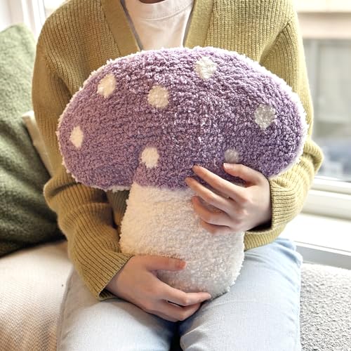 Mushroom Throw Pillow Tufted Decorative Cushion 15” x 15” – Decor for Bed, Couch, Living Room (Purple) - color: Purple