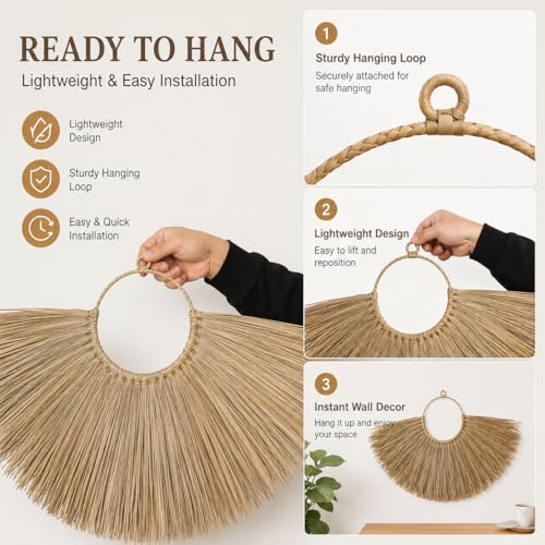 PEMAR Set of 3 Woven Seagrass Fan Wall Decor - Large Boho Raffia Jute Wall Hanging Hanging Decor for Living Room Bedroom, Handmade Rustic African Fan Wooden Wall Art, Unique Housewarming Gift (XL: 35.4" D, L: 27.6" D, M: 19.7" D)