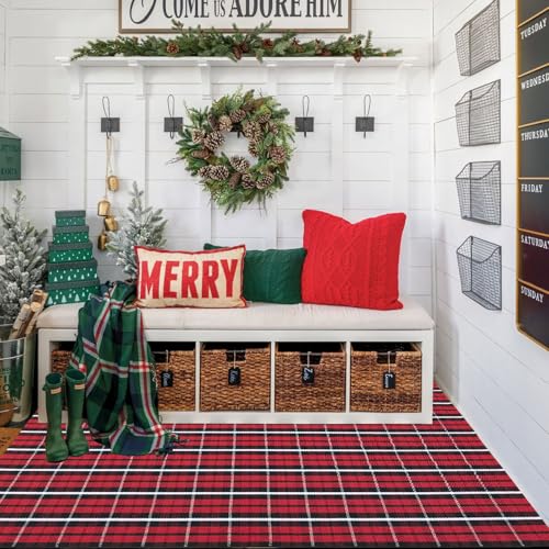 Buffalo Plaid Outdoor Rug, 4' x 6' Christmas Red & Black Check Indoor/Outdoor Area Rug, Layering Rug for Hello/Welcome Door Mat, Machine Washable Cotton Woven Farmhouse Mat for Front Porch Decor - color: Christmas Plaid, size: 4' x 6' (Rectangular)