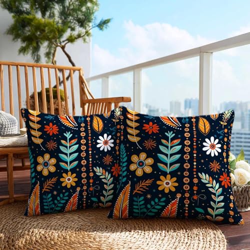 Firmiso Scandinavian Folk Art Throw Pillow Covers 18x18 Set of 2 | Floral Decorative Cushion Covers for Sofa Couch Bed | Boho Nordic Inspired Home Decor Pillow Cases | Navy Blue Orange Accent - color: Folk Art