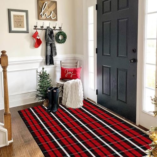 CAINANEL Buffalo Plaid Outdoor Rug Christmas Door Mat Christmas Decor Welcome Rug Cotton Hand-Woven Layered Door Mats for Front Porch, Kitchen, Farmhouse, Entryway (35.4''x59'', Red/Black/White) - color: Red/Black/White Plaid, size: 3' x 5' (Rectangular)