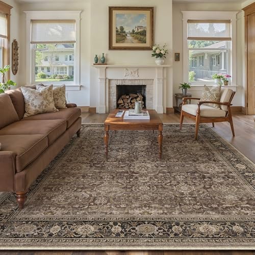 HUGEAR Brown Washable 9x12 Area Rugs for Living Room Bedroom Large Vintage Distressed Neutral Rug Carpet Durable Soft Non Slip & Shedding Stain Resistant Low Pile Indoor Home Decor - color: Retro | Brown, size: 9' x 12' (Rectangular)