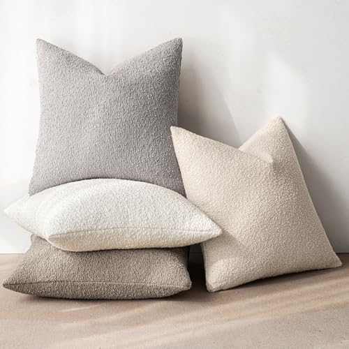 MIULEE Pack of 4 Decorative Textured Boucle Throw Pillow Covers 18x18 Inch Neutral Accent Solid Pillow Cases Soft Couch Cushion Covers for Modern Farmhouse Boho Chair Sofa Bed Livingroom Home Decor - color: Neutral, size: 18" x 18" (Pack of 4)