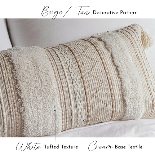 BlissBlush 14x36 Lumbar Pillow Cover for Bed, Rectangular Long Decorative Throw Pillowcase, Boho Accent Cushion with Tufted Pattern and Tassels, Cream Beige Neutral (Cover Only) - color: Beige, size: 36" x 14" (Pack of 1)