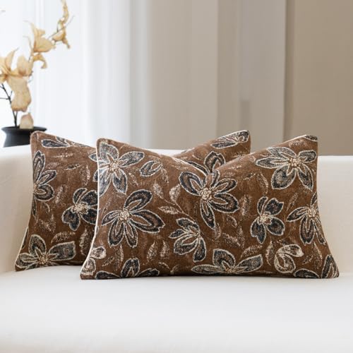 FIOUOVO Floral Throw Pillow Covers 12x20 Set of 2 Farmhouse Pillow Covers Vintage Neutral Accent Pillowcases Decorative Cushion Covers for Sofa Couch Living Room Bedroom Home Decor, Brown - color: Brown, size: 20" x 12" (Pack of 2)