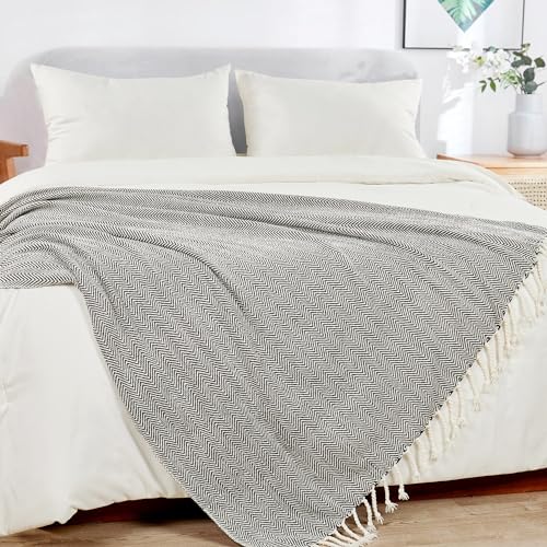 Herringbone Knitted Two Tone Throw Blankets with Braided Tassel Fringe, Boho Farmhouse Lightweight Turkish Throw Blanket for Couch Bed Sofa, Picnic, Yoga, Outdoor Blanket, 50 x 60 Inch, Coffee Brown - color: Coffee Brown