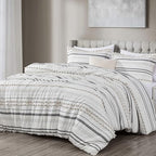 Chezmoi Collection 4-Piece Clip Jacquard Cotton Comforter Set King, Boho Chic Tufted Pompom Striped Bedding with Linen Blended Textured Pillow Cushion, Gray/White - color: Maru Gray White, size: King