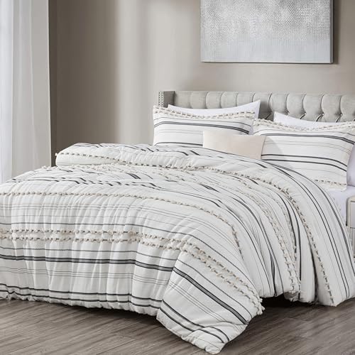 Chezmoi Collection 4-Piece Clip Jacquard Cotton Comforter Set King, Boho Chic Tufted Pompom Striped Bedding with Linen Blended Textured Pillow Cushion, Gray/White - color: Maru Gray White, size: King