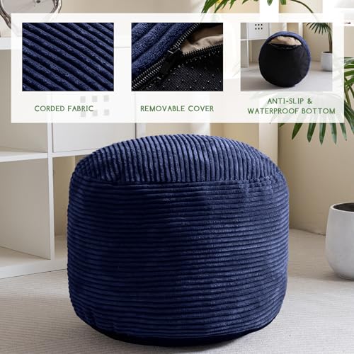 HIGOGOGO Round Stuffed Pouf Ottoman, Corduroy Poufs with Foam Chunk Filling, Furry and Fluffy Pouf Foot Stool Storage Ottoman, 26 X 18 Floor Poufs Foot Rest for Living Room, Navy - color: Navy, size: 26"D x 26"W x 18"H