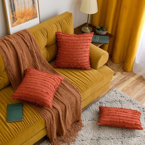 MIULEE Set of 2 Fall Decorative Boho Throw Pillow Covers Linen Striped Jacquard Pattern Cushion Covers for Sofa Couch Living Room Bedroom 16x16 Inch Burnt Orange - color: Burnt Orange, size: 16" x 16" (Pack of 2)