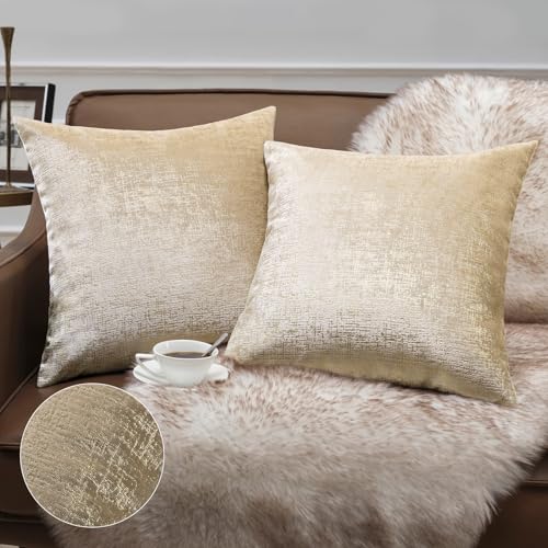 Phantoscope Pack of 2 Sparkling Velvet Decorative Solid Throw Decorative Pillow Cover Soft Gold Glitter Square Cushion Cover Pillowcase for Couch Bed and Chair, Beige, 20 x 20 inches, 50 x 50 cm - color: Beige and Gold, size: 20" x 20" (Pack of 2)