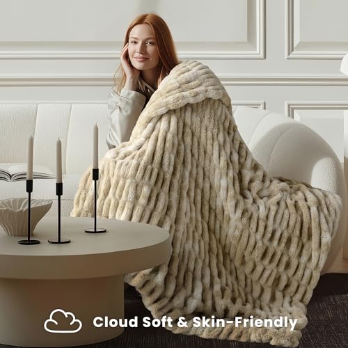 Ultra Soft Cozy Faux Fur Throw Blanket, Fuzzy Plush Thick Bubble Blanket, Oversize Luxury Fluffy Blanket for Couch, Sofa, Bedroom, and Living Room,50x60 Inches,Double Sided Tie-Dye Camel - color: Double Sided-tie Dye Camel, size: Throw
