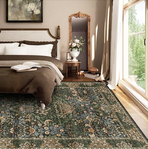 5x7 Floral Washable Area Rug for Living Room, Vintage Boho Rugs for Bedroom Dining Room, Botanical Birds Non Slip Low Pile Forest Throw Carpet for Farmhouse Office, Retro Gold/Green - color: Gold Green (Larger Pattern), size: 5' x 7' (Rectangular)