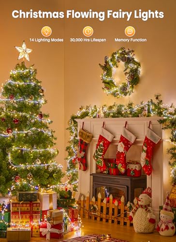 Flowing Fairy Lights Plug in with 14 Modes, 10FT 388LED Twinkle String Lights Indoor, Christmas Tree Lights Indoor Waterproof for Bedroom Christmas Home Room Decor, Warm White + Cool White - color: Warm White & Cool White, size: Flowing - 1pc