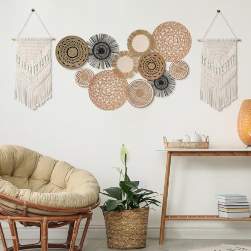 Tatuo 11 Pcs Boho Wall Basket Decor Bulrush Woven Wall Hanging Art Round Farmhouse Rustic Handmade Wicker for Summer Home, Bedroom, Living Room, Kitchen Decorations, Multi Sizes(Flower) - style: Flower