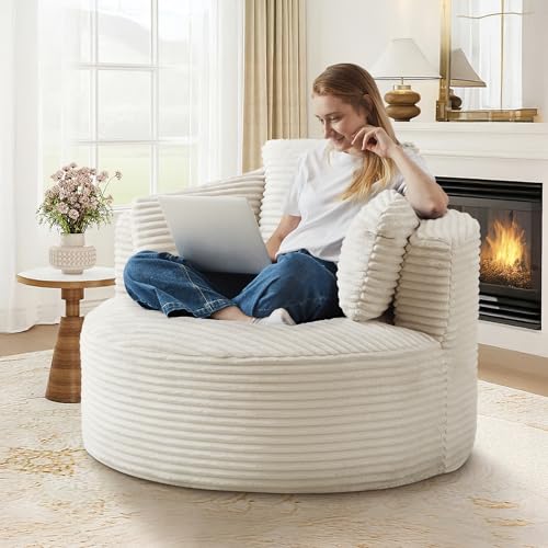 48"W Oversized Round Chaise Longue Chair Indoor,Corduroy Fluffy Comfy Cloud Chair,Circle Bean Bag Sofa with Foam Filling & Pillows,Boneless Reading Cozy Sofa Chairs for Living Room,Bedroom,White - color: White