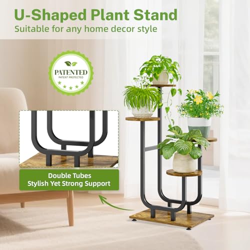 iDavosic.ly 4 Tier Plant Stand Indoor, Corner Tiered Multiple Flower Holder Shelf with Wooden Trays, Orchid Display Metal Rack for Patio Porch Living Room Balcony Outdoor, Modern Black & Rustic Brown - color: Rustic Brown, size: 4 Tiers