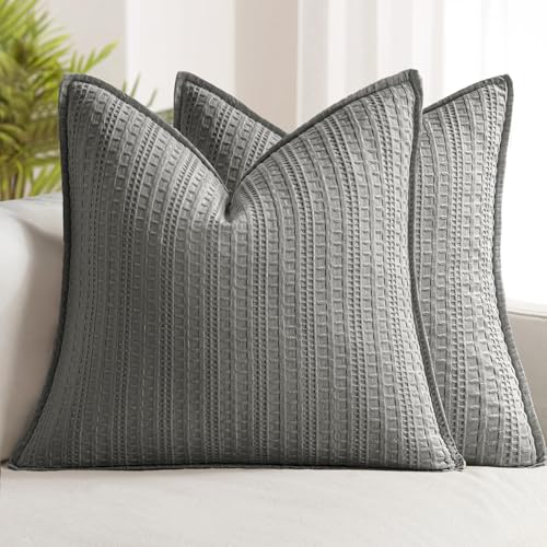 Set of 2 Decorative 100% Cotton Waffle Euro Sham Pillow Covers 24x24, Neutral Throw Pillows Weave European Cushion Cases for Couch Sofa Bed Modern Farmhouse Home Decor, Dark Grey - color: Dark Grey, size: 24" x 24" (Pack of 2)