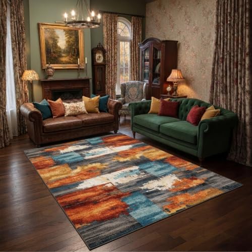 5x7 Area Rug for Living Room,Modern Abstract Burnt Orange Rug,Terracotta and Teal Brushstroke,Washable Rug,Non Slip, Bedroom, Dining Room, Home Office - color: Burn Orange, size: 5' x 7' (Rectangular)
