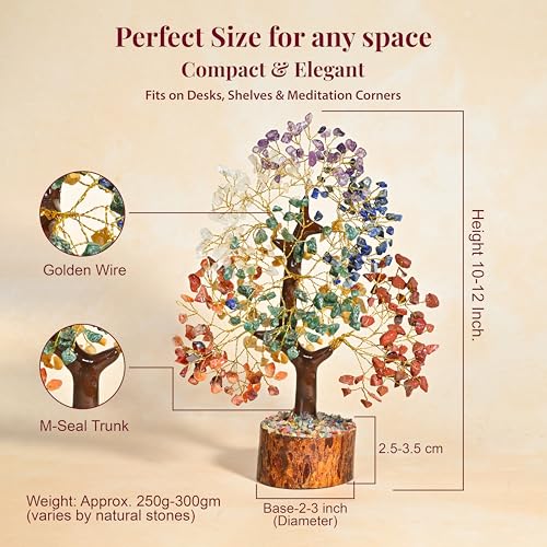 Crocon® 7 Chakra Crystal Tree of Life, Crystals and Healing Stones Money Tree for Positive Energy, Good Luck, Spiritual, Meditation Home Decor, Birthday Gifts for Women, Men, Mom & Sister | 10-12" - color: 001 Seven Chakra (Golden Wire)