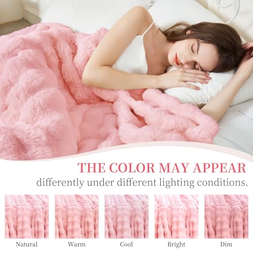 Faux Rabbit Fur Throw Blanket for Couch, Fluffy Warm Plush Thick Bubble Blanket for Bed Sofa Living Room, Soft Cozy Furry Blanket, 50x60 inches, Pink - color: Pink, size: Throw50"x60"