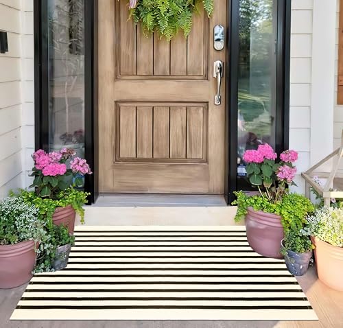 BUAGETUP Front Layered Door Mat 2'x3',Black and Beige Striped Outdoor Rug Machine Washable Cotton Outdoor Door MatEntryway Throw Rug for Indoor Entrance - color: Black Beige, size: 2' x 3' (Rectangular)