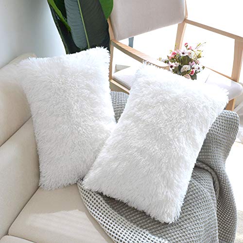 NordECO HOME Luxury Soft Faux Fur Fleece Cushion Cover Pillowcase Decorative Throw Pillows Covers, No Pillow Insert, 12" x 20" Inch, White, 2 Pack - color: A-white, size: 20" x 12" (Pack of 2)