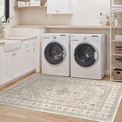 Washable 3x5 Area Rug for Entryway - Bedroom Rugs with Non Slip Rubber Backing for Kitchen Bathroom Indoor Soft Stain Resistant Carpet Rug for Pet Feeding Area and Distressed Floor Decor Beige/Gray - color: Beige/Gray, size: 3' x 5' (Rectangular)