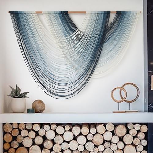 Macrame Wall Hanging Large Boho Wall Decor Navy Blue Ombre Fiber Wall Art Handmade Woven Wall Hanging for Living Room Bedroom Apartment Dorm Modern Bohemian Wall Decor 57" W x 39" L - color: Navy Blue