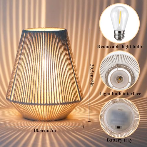 JHY DESIGN Set of 2 Woven Lampshade Table Lamps 8" H Cotton Rope Bedside Light‌s Cordless Decorative Battery Operated Lamps with 6 Hours Timer for Bedroom Living Room Home Parties Patio Events - color: 7"D Off-white