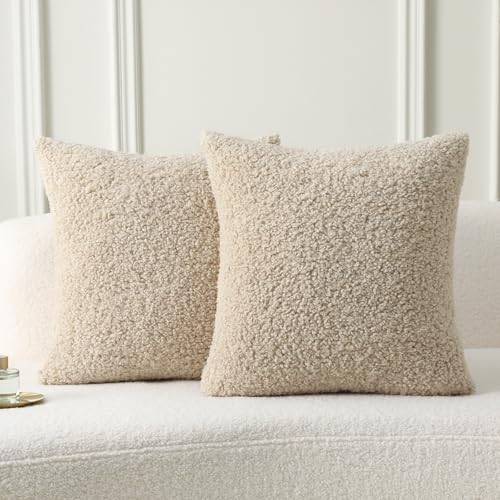 FUTEI Beige Throw Pillow Covers 20x20 Inch Set of 2,Furry Faux Fur Teddy Boucle Textured Cushion Covers,Soft Fluffy Decorative Pillow Case,Home Decor for Couch Bed Living Room Office Car - color: Beige, size: 20" x 20" (Pack of 2)