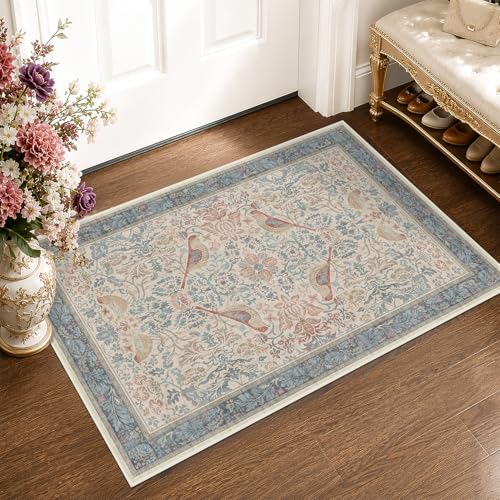 Hazo Haus Washable Red Blue 2x3 Entry Rug Front Door Indoor, Boho Cottagecore Kitchen Floor Rug, Non-Slip & Stain Resistant, Vintage Elegant Farmhouse Floral Décor - color: Blue & Red, size: 2' x 3' (Rectangular)