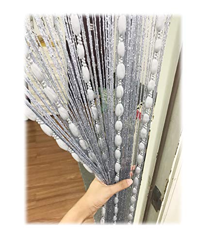 Door String Curtain Flat Silver Ribbon Thread with Shaggy Tassel Room Divider, 39’’x79’’ (Grey-style2) - color: Grey-style2