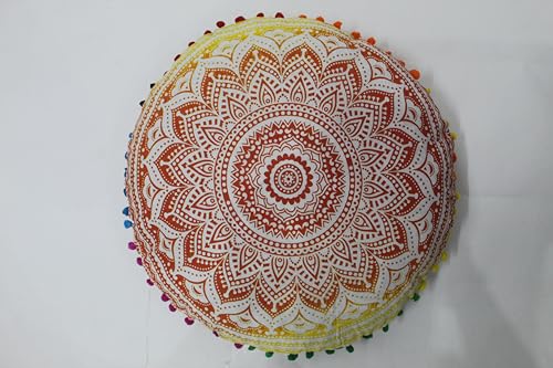 Round Mandala Floor Pillow Cover Seating Cushion Throw Cover Hippie Decorative Bohemian Ottoman Pouf Cover, Pom Pom Pillow Cases,Boho Indian 32 Inches Orange Ombre - color: Orange/Yellow, size: 32" Round