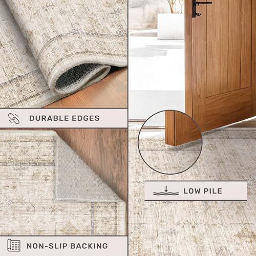 Farmhouse Bathroom Rug 2x3 Beige, Machine Washable Small Non Slip Indoor Entryway Area Rug, Low Pile Thin Neutral Vintage Design for Bedside, Kitchen - color: Light Sand Beige, size: 2' x 3' (Rectangular)