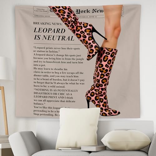 WNAGT Trendy Leopard Print Newspaper Tapestry Wall Hanging, Cheetah Room Decor, Modern Hot Girl Fashion Aesthetic Blanket Decor for Girls Room Dorm Apartment Office, 50x60 Inch