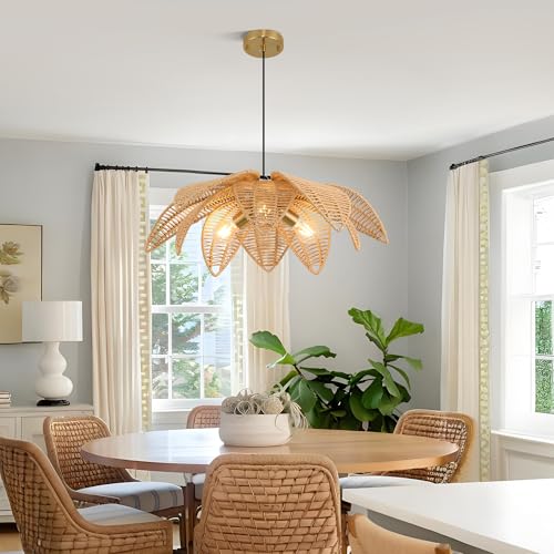 24” Floral Rattan Chandeliers Lights Fixture for Dining Room, 3-Light Large Farmhouse Boho Pendant Lights Fixture, Hanging Hand Woven Wicker Ceiling Lights for Kitchen Island Bedroom Living Room - style: Boho-Flower-24in
