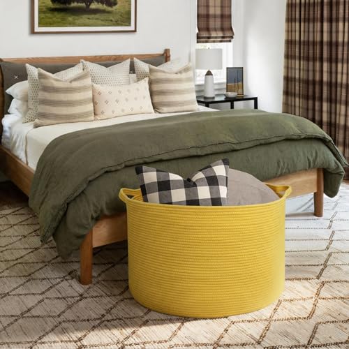 MEGASKET Extra Large 115L Yellow Basket, 23.6" x15.7 Cotton Rope Yellow Decor for Living Room Bedroom, Woven Basket for Blanket, Laundry, Towel, Shoe, Kids Toy Box Organizer, Room Decor Storage Bin - color: Yellow, size: 23.6"x23.6"x15.7"