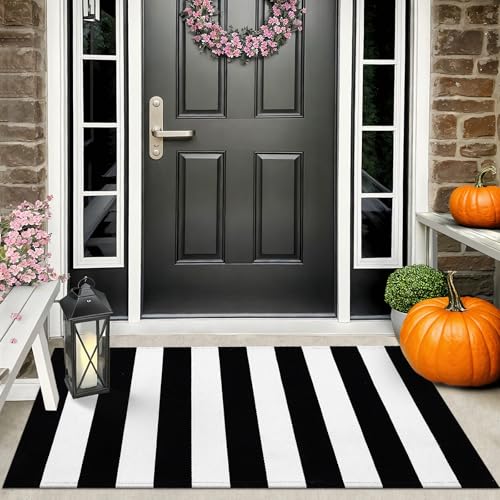 OLANLY Black and White Striped Rug 2' x 4'3" (24" x 51") – Washable Cotton Indoor Outdoor Doormat for Front Door, Entryway, Kitchen, Porch, Patio Decor - color: Black White Vertical Stripe, size: 2' X 4'3" (Rectangular)