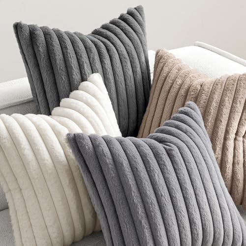 MIULEE Faux Fur Plush Decorative Throw Pillow Covers 20x20 Set of 4, Boho Farmhouse Soft Fuzzy Striped Cushion Covers for Sofa Couch Bed Living Room Vintage Rustic Home Decor,Grey Taupe - color: Grey Taupe, size: 20" x 20" (Pack of 4)