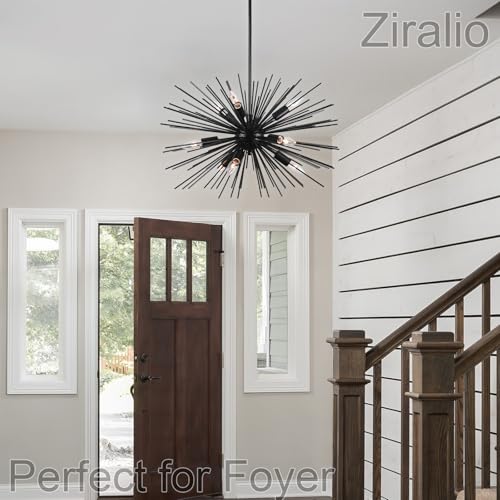 24in Black Sputnik Chandelier Mid Century Modern 9-Lights Starburst Chandelier Solid Metal Firework Urchin Satellite Chandeliers for Dining Room, Kitchen, Bedroom, Living Room, Foyer, E12 - color: Black 24" 9-Light Hanging Rod