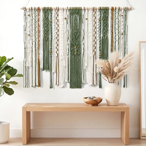 MEIVINES Macrame Wall Hanging Large Wall Art Handmade Woven Tapestry Boho Tapestry Macrame Wall Decor Art Home decoration for Living Room Bedroom Apartment Dorm Wedding Party 38" x 29" (Dark Green) - color: Dark Green