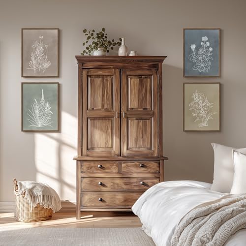Framed Boho Botanical Wall Art for Living Room, 4 Piece Rustic Floral Canvas Painting Prints, Vintage Minimalist Neutral Flower Artwork for Modern Farmhouse Bedroom Dining Room Office Wall Decor - color: Simple - Walnut Framed, size: 12" W x 16" H x 4pcs