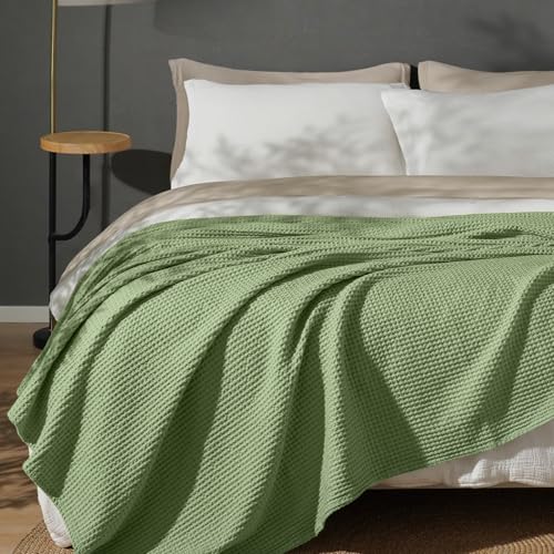 PHF Pre-Washed 100% Cotton Waffle Weave Blanket King Size for Bed,Snag Proof Throw Blanket for Couch Spring Summer Lightweight Breathable,Machine Washable, Home Decor Gift - Loden Green - color: Loden Green, size: King(104" x 90")