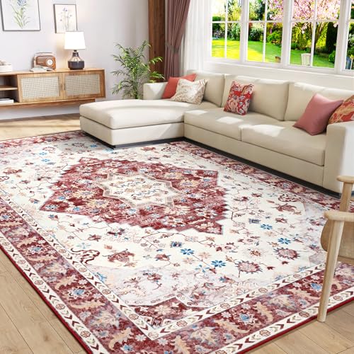 Amearea Vintage Design Area Rugs for Living Room, 4x6 Machine Washable Floral Collection Traditional Bedroom Rug, Low Pile Cute Kids Room Print Carpet, No Slip Office Kitchen Home Decor, Red - color: Red, size: 4' X 6' (Rectangular)