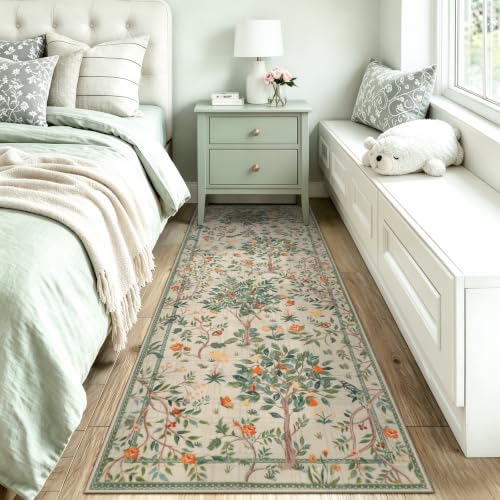 Morebes Boho Floral Washable Runner Rug 2x6, Flower Bathroom Runner Rug for Hallway Non Slip, Soft Botanical Birds Indoor Throw Carpet for Entry Bedroom Laundry Room, Sage Green - color: Light Green, size: 2' x 6' (Rectangular)