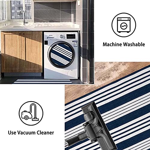 Blue and White Striped Doormat 24'' x 35'' Front Porch Rug Machine Washable Indoor Outdoor Doormat for Front Porch Hand-Woven Entryway Rug for Laundry/Bathroom/Bedroom - color: Blue White, size: 2' x 3' (Rectangular)