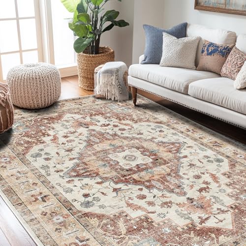 Area Rugs for Living Room 5x7,Machine Washable Non Slip Vintage Retro Rugs, Low Pile Lightweight Soft Rug for Bedroom, Dining Room,Home Office for Entrance Coffee Table - color: Red, size: 5x7