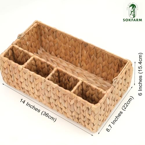 Water Hyacinth Woven Storage Basket with 5 Compartments – Divided Wicker Organizer Tray with Thin Foldable Handle for Kitchen Countertop, Bathroom, Office Desk, Dining Caddy. Natural Chunky Weave