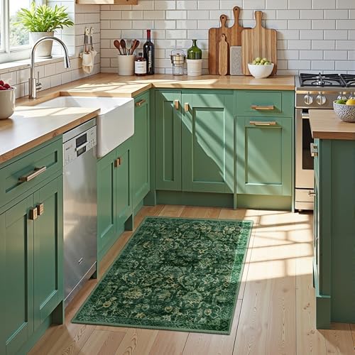 Dark Green Area Rug 2x3 Entryway Rug for Bedroom Bathroom, Non-Slip Low-Pile Washable Distressed Boho Carpet Retro Accent Doormat for Laundry Room Hallway Kitchen 24x36 Inch - color: Dark Green, size: 2'x3'
